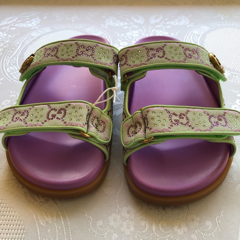 Gucci Crystal Canvas Purple/Lime GG Slides Sandals Women’s Size 39+ US-9 Shoes - Picture 13 of 14